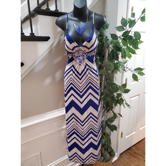 Gievergate Women's Beige & Blue Sweetheart Neck Sleeveless Long Maxi Dress M - Picture 1 of 13